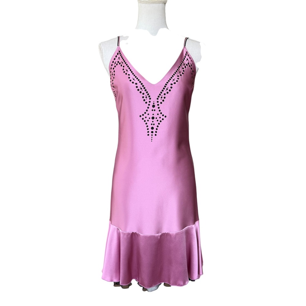 Hartnell Silk Dress Pink Satin Laser Cut Mini‎ Ruffle Hem Black Trim Size S